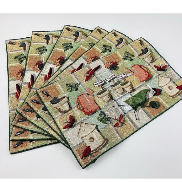 Placemats Set 6 Herb Garden Theme Bird Butterflies Red Hat Park B Smith Tapestry - Picture 2 of 10